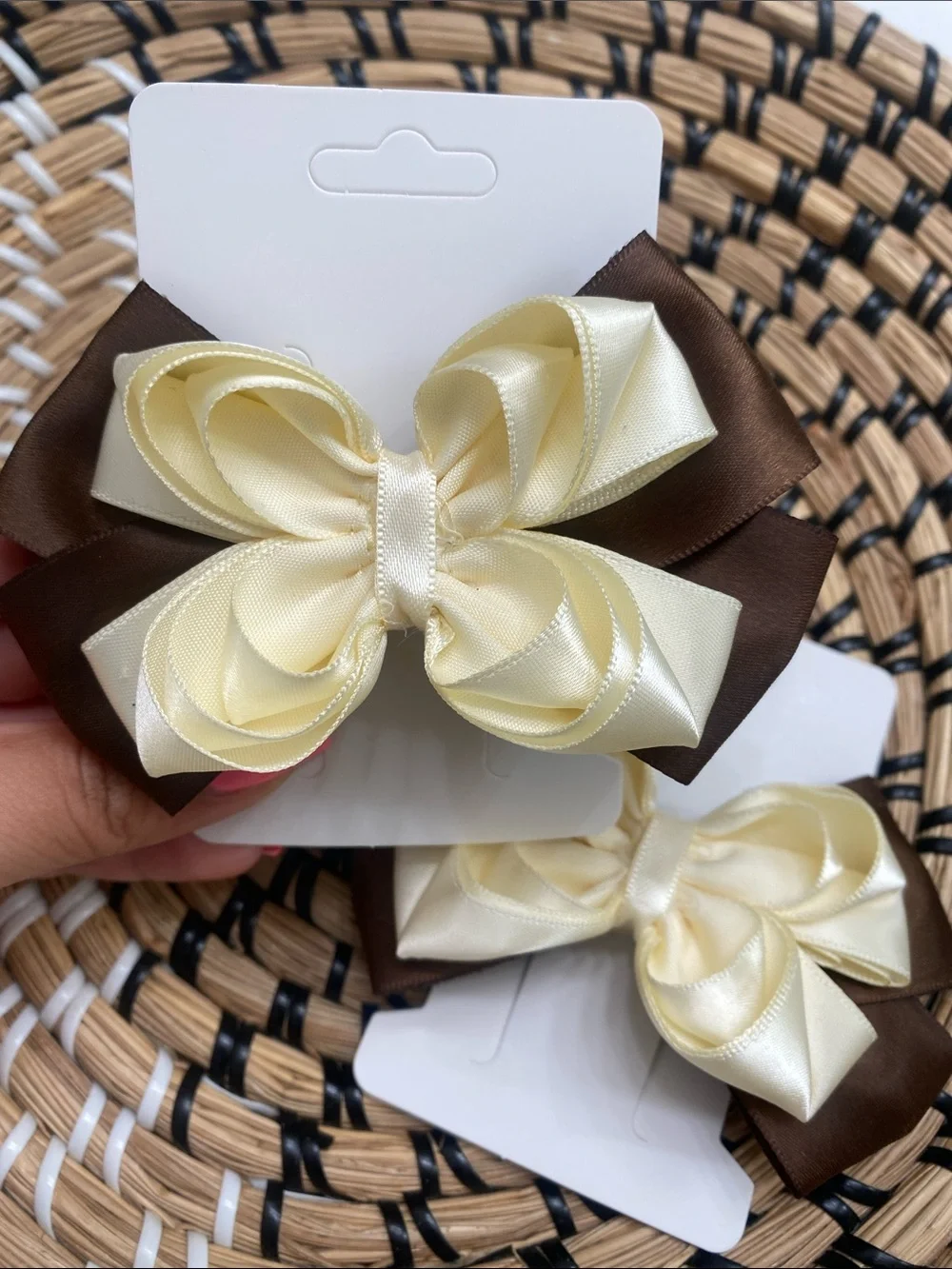 Cream and Brown Satin Bow Hair Clip